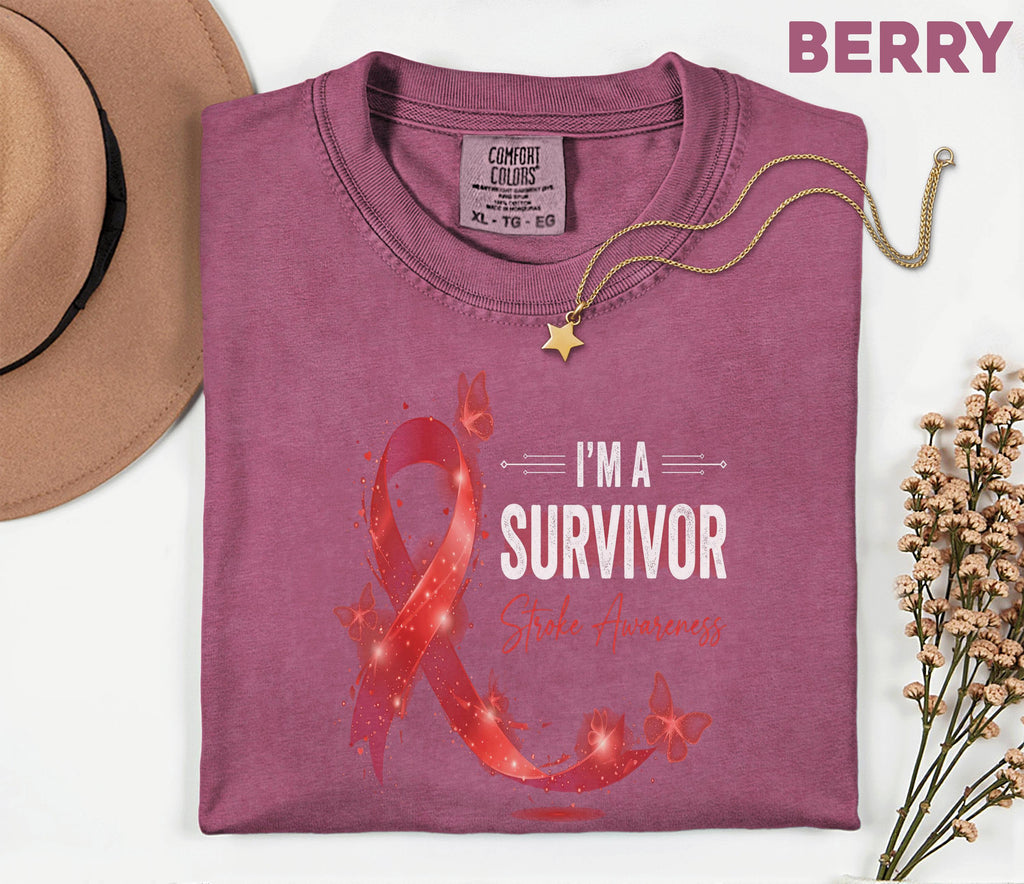 I’m A Survivor Stroke Awareness Shirt, Comfort Colors Stroke Awareness Tee, Red Ribbon Survivor Gift, Inspirational Medical Support T-Shirt