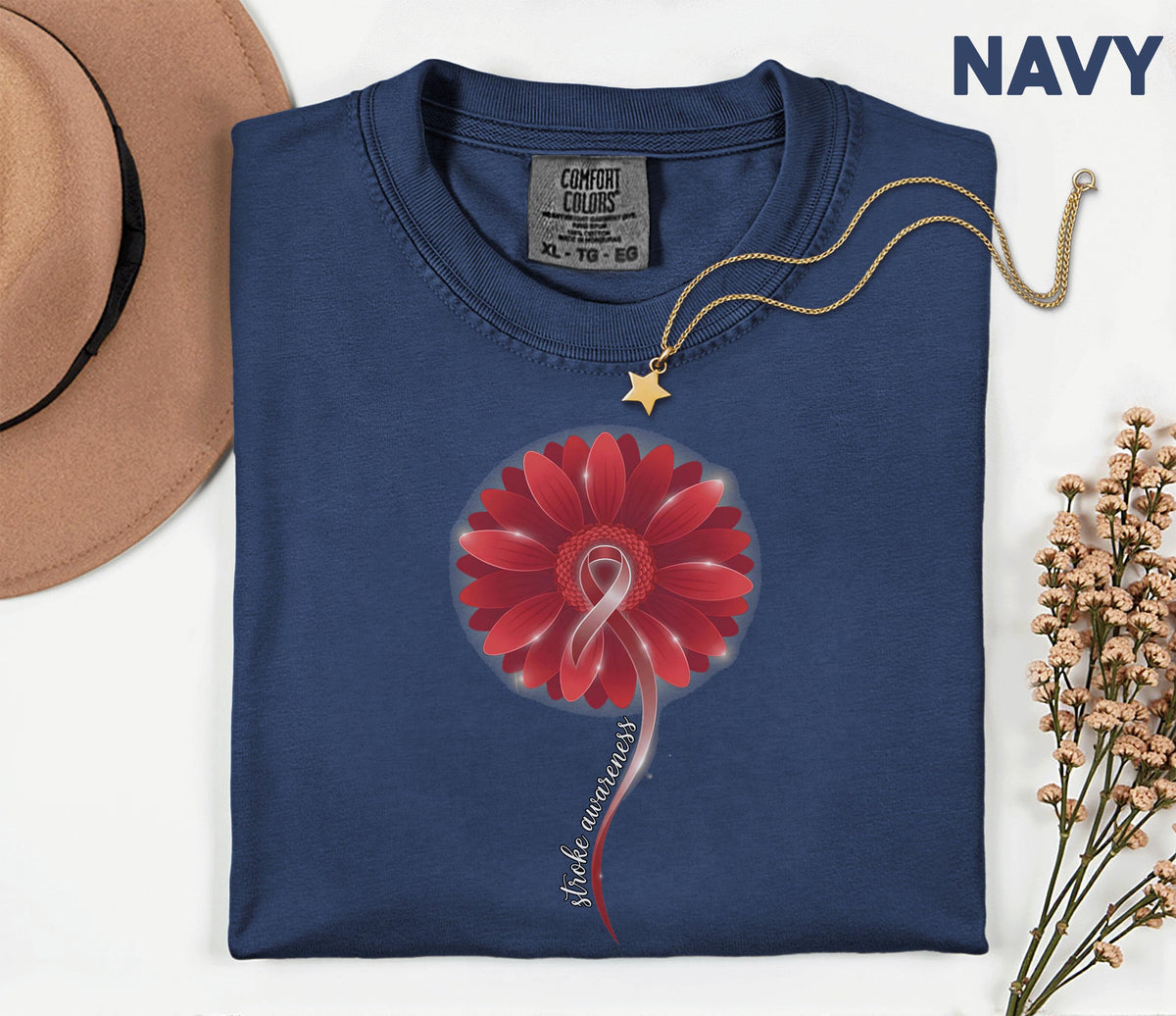 Comfort Colors Stroke Awareness Shirt, Red Gerbera Flower Ribbon Tee, Elegant Stroke Support Gift, Medical Awareness T-Shirt