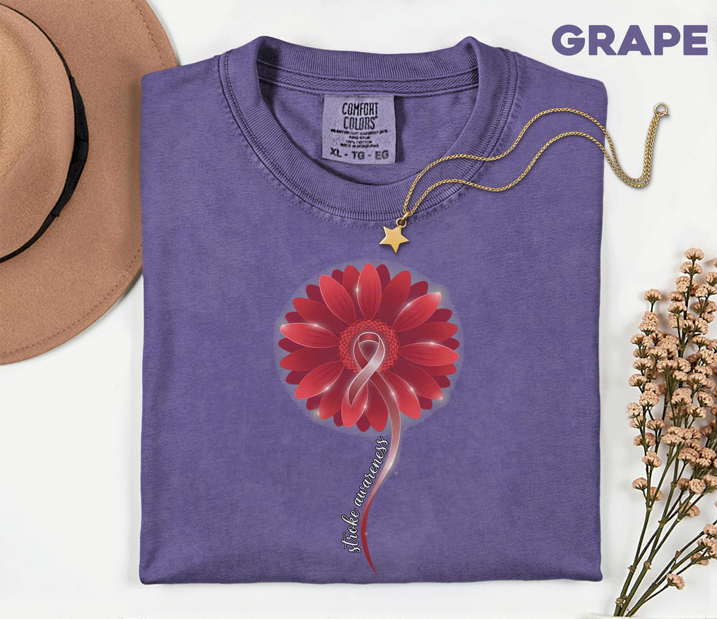 Comfort Colors Stroke Awareness Shirt, Red Gerbera Flower Ribbon Tee, Elegant Stroke Support Gift, Medical Awareness T-Shirt
