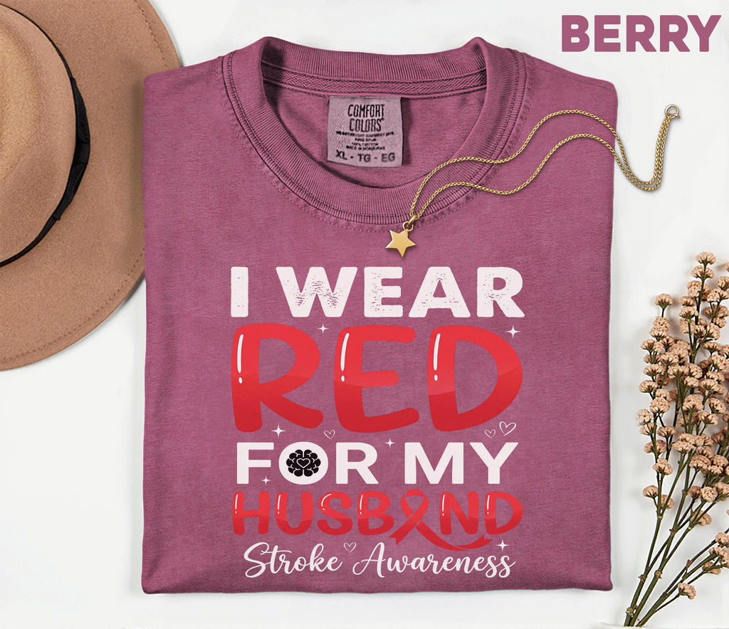 I Wear Red For My Husband Stroke Awareness Shirt, Comfort Colors Stroke Awareness Tee, Red Ribbon Caregiver Support Gift