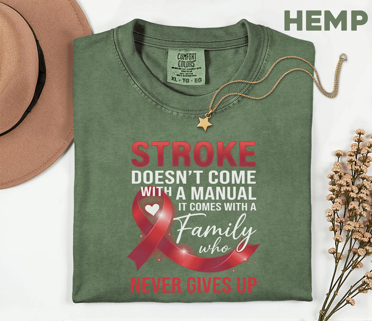 Stroke Doesn’t Come With a Manual Shirt, Comfort Colors Stroke Awareness Tee, Red Ribbon Family Support Gift, Inspirational T-Shirt