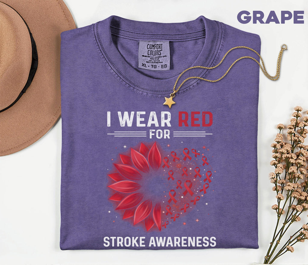 I Wear Red For Stroke Awareness Shirt, Comfort Colors Stroke Awareness Tee, Red Ribbon Floral Heart Support Gift T-Shirt