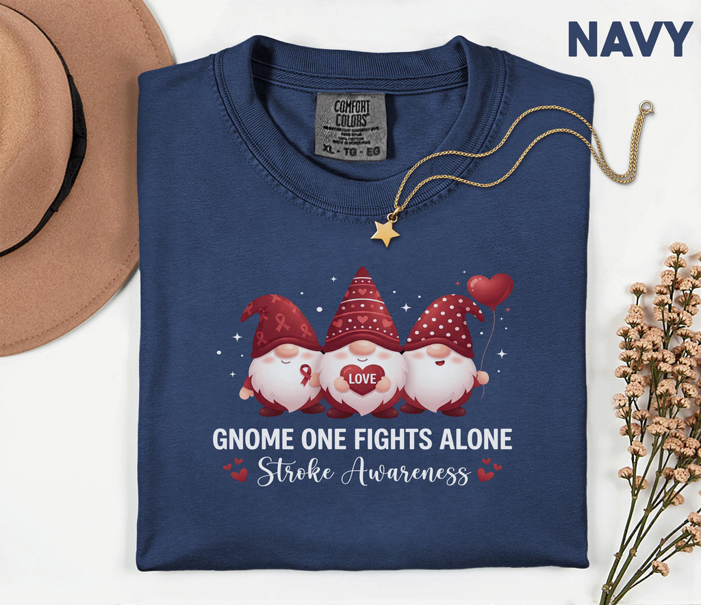 Gnome One Fights Alone Stroke Awareness Shirt, Comfort Colors Stroke Awareness Tee, Red Ribbon Support Gift Cute Gnome T-Shirt