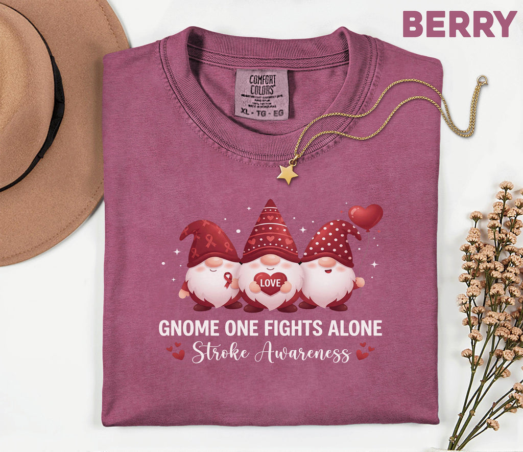 Gnome One Fights Alone Stroke Awareness Shirt, Comfort Colors Stroke Awareness Tee, Red Ribbon Support Gift Cute Gnome T-Shirt