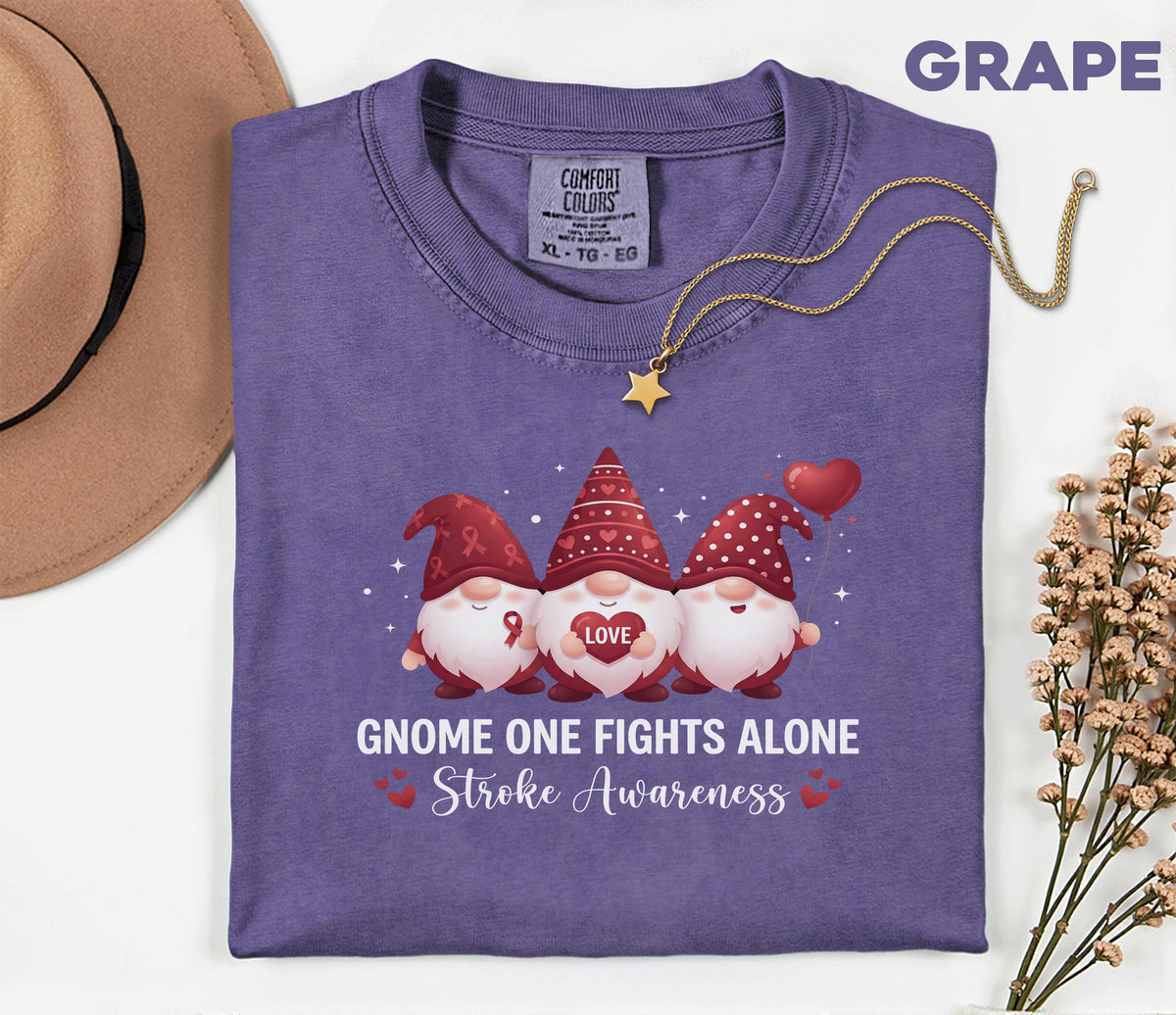 Gnome One Fights Alone Stroke Awareness Shirt, Comfort Colors Stroke Awareness Tee, Red Ribbon Support Gift Cute Gnome T-Shirt