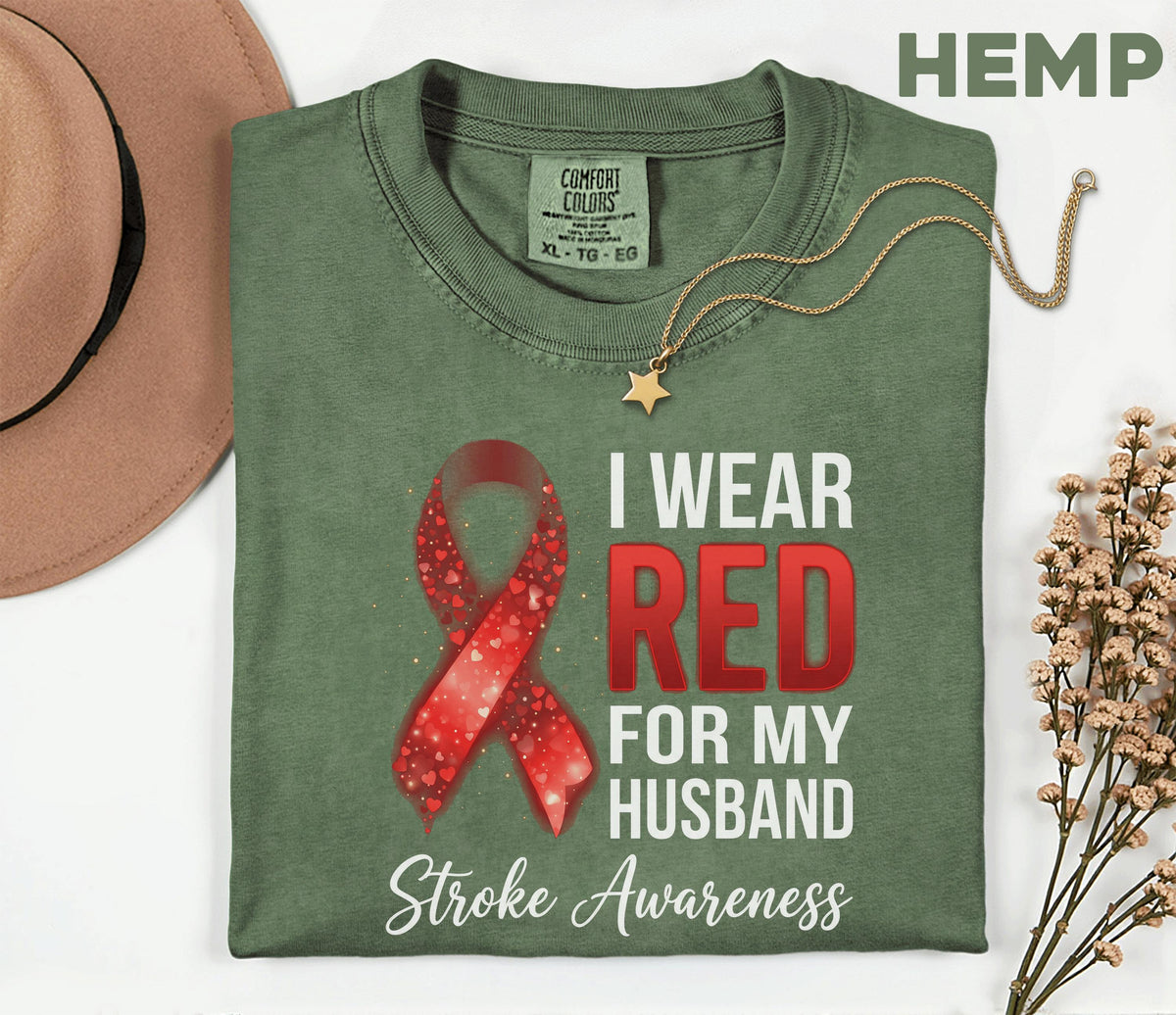 Comfort Colors Stroke Awareness Shirt, I Wear Red For My Husband Tee, Supportive Caregiver Gift, Red Ribbon Awareness T-Shirt