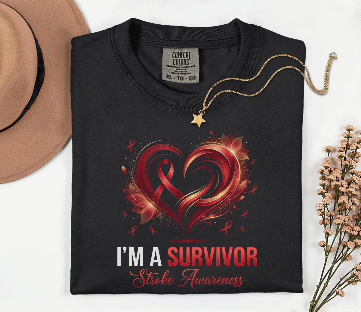 I'm A Survivor Stroke Awareness Comfort Colors Shirt, Red Ribbon Heart Tee
