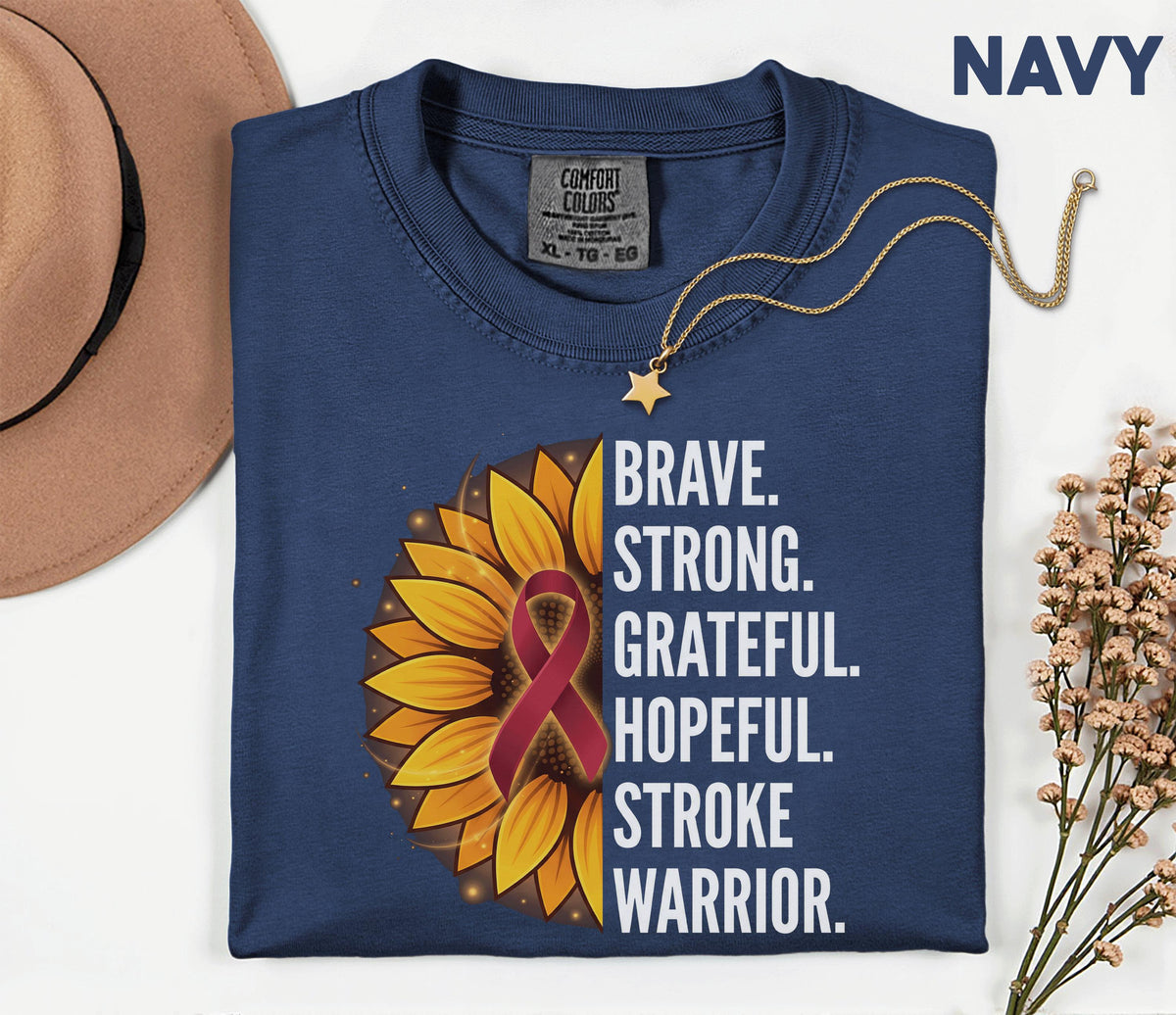 Stroke Warrior Comfort Colors Shirt, Brave Strong Grateful Hopeful Tee, Sunflower Stroke Awareness Shirt, Red Ribbon Survivor Gift