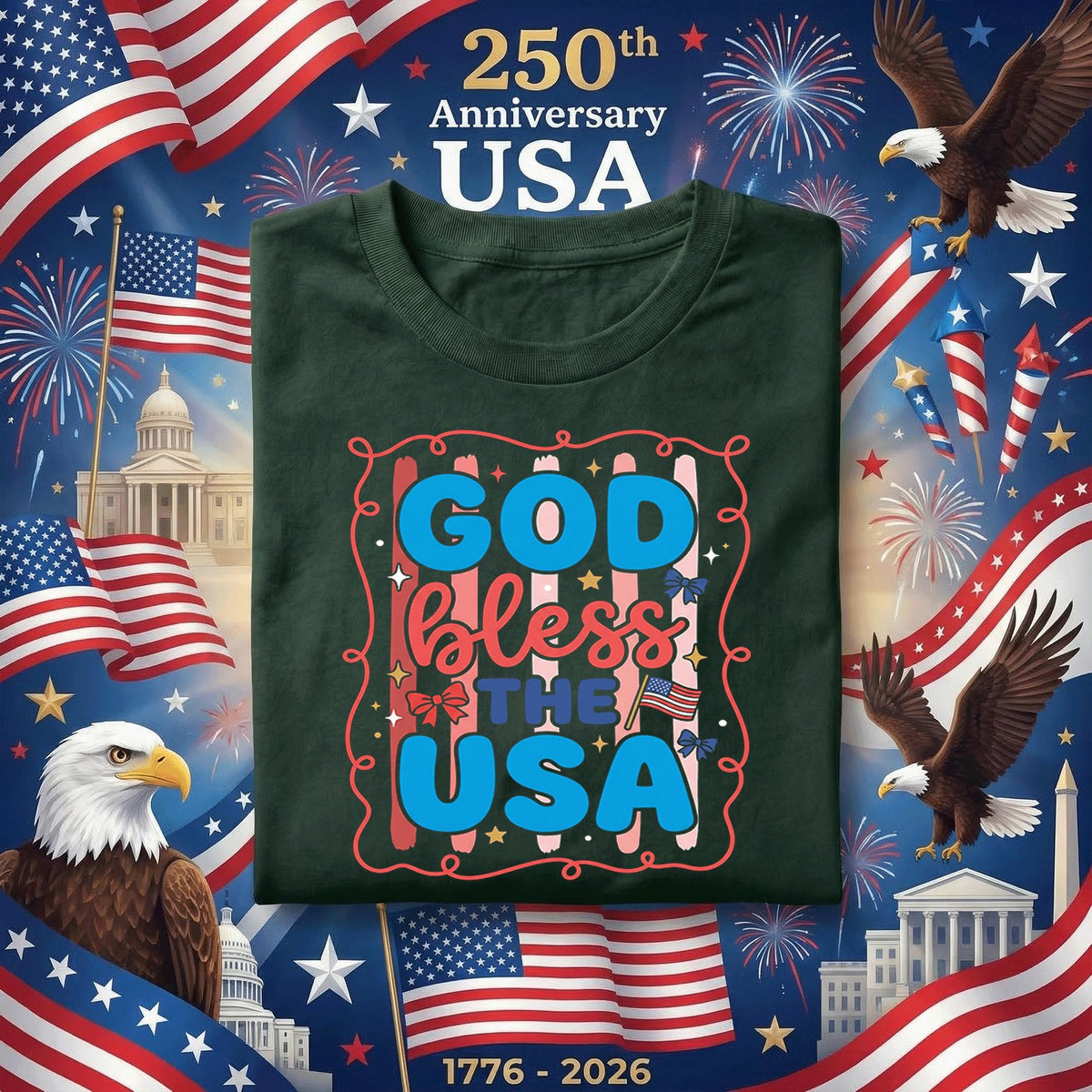 God Bless the USA Shirt Patriotic Christian Tee Red White Blue America Faith July 4th Independence Day USA Gift for Women Fourth of July