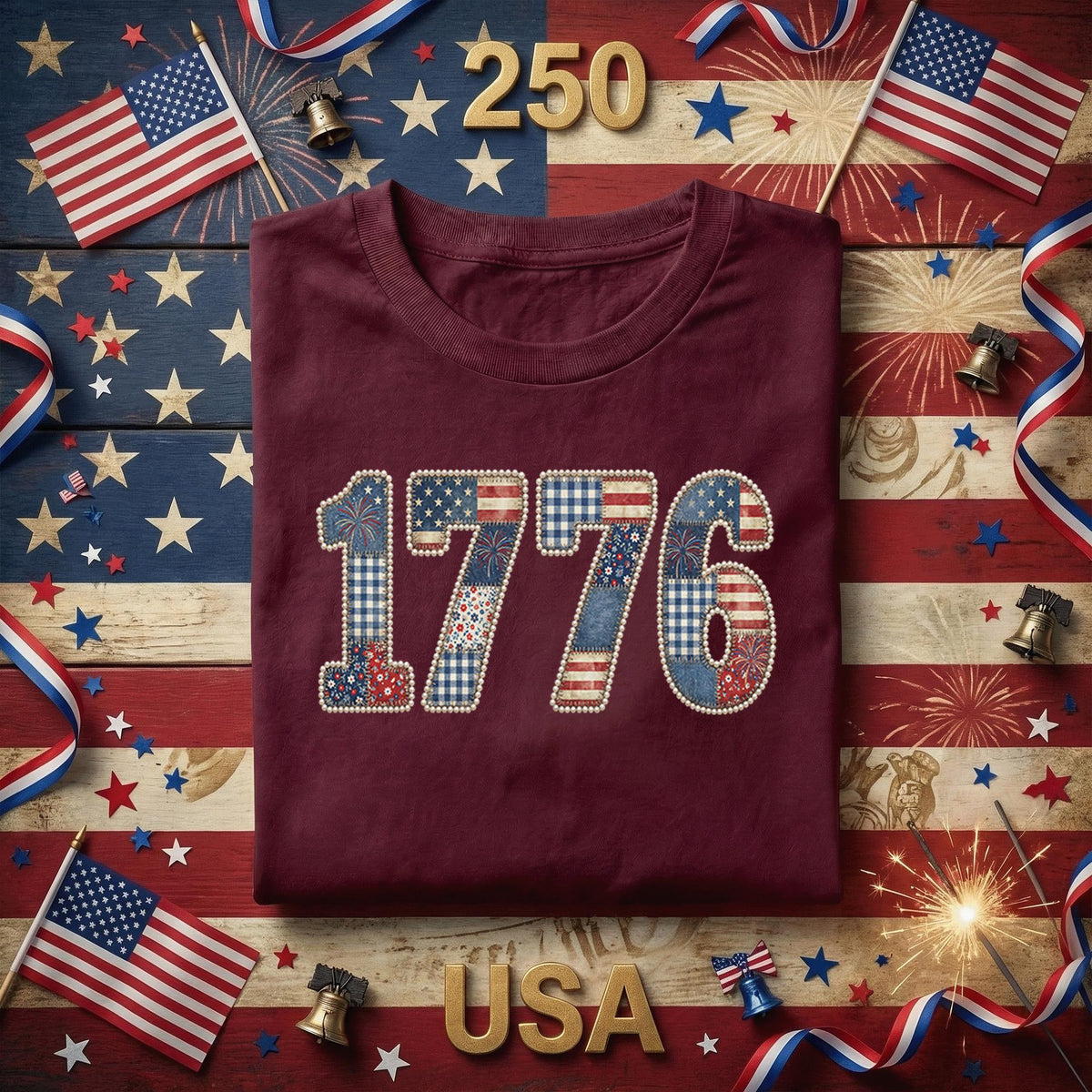 1776 Patriotic Shirt Vintage Patchwork USA Tee American Flag Retro Independence Day July 4th Freedom Gift Red White Blue Fourth of July