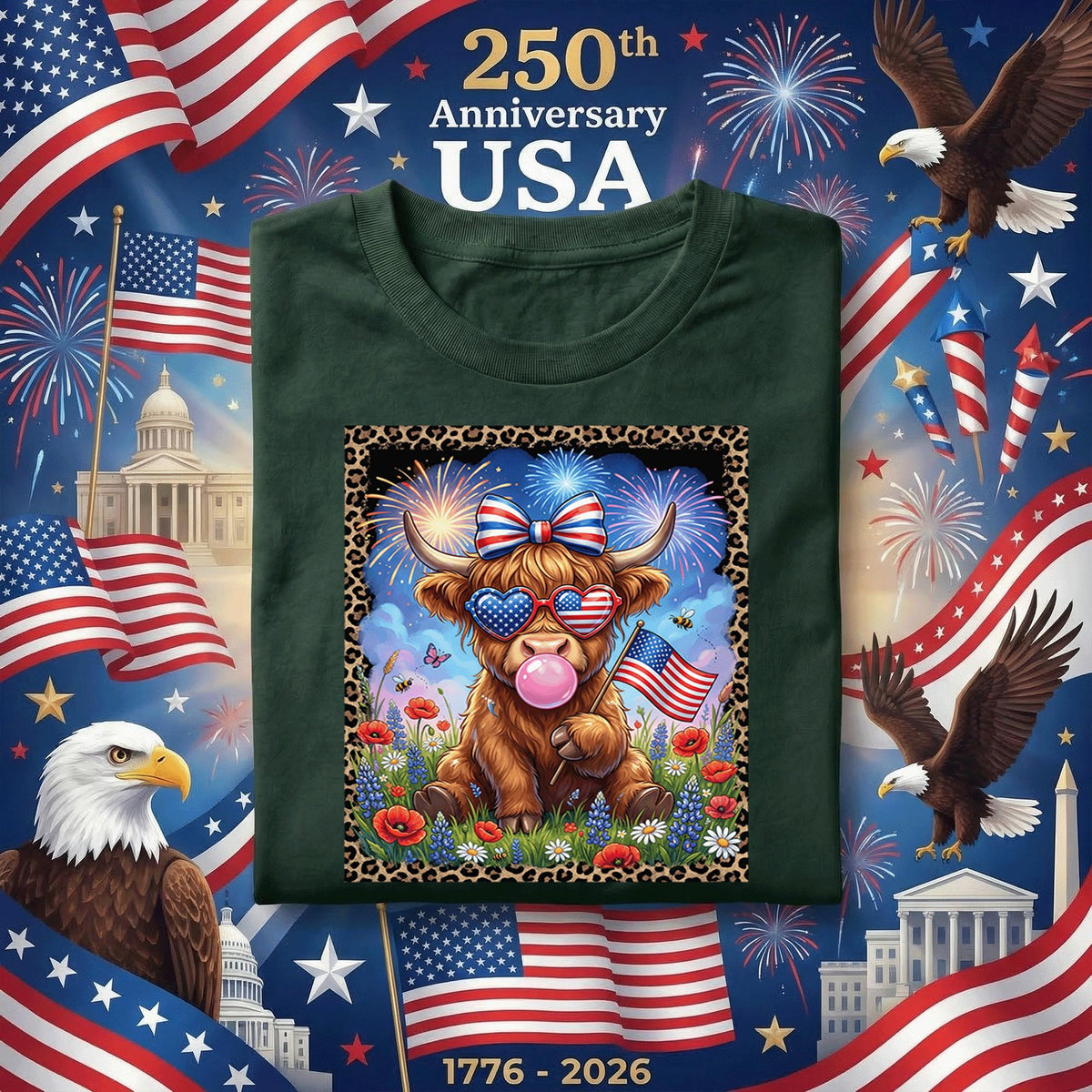 Patriotic Highland Cow Shirt Cute USA Cow Tee American Flag Sunglasses Red White Blue July 4th Independence Day Gift Women Fourth of July