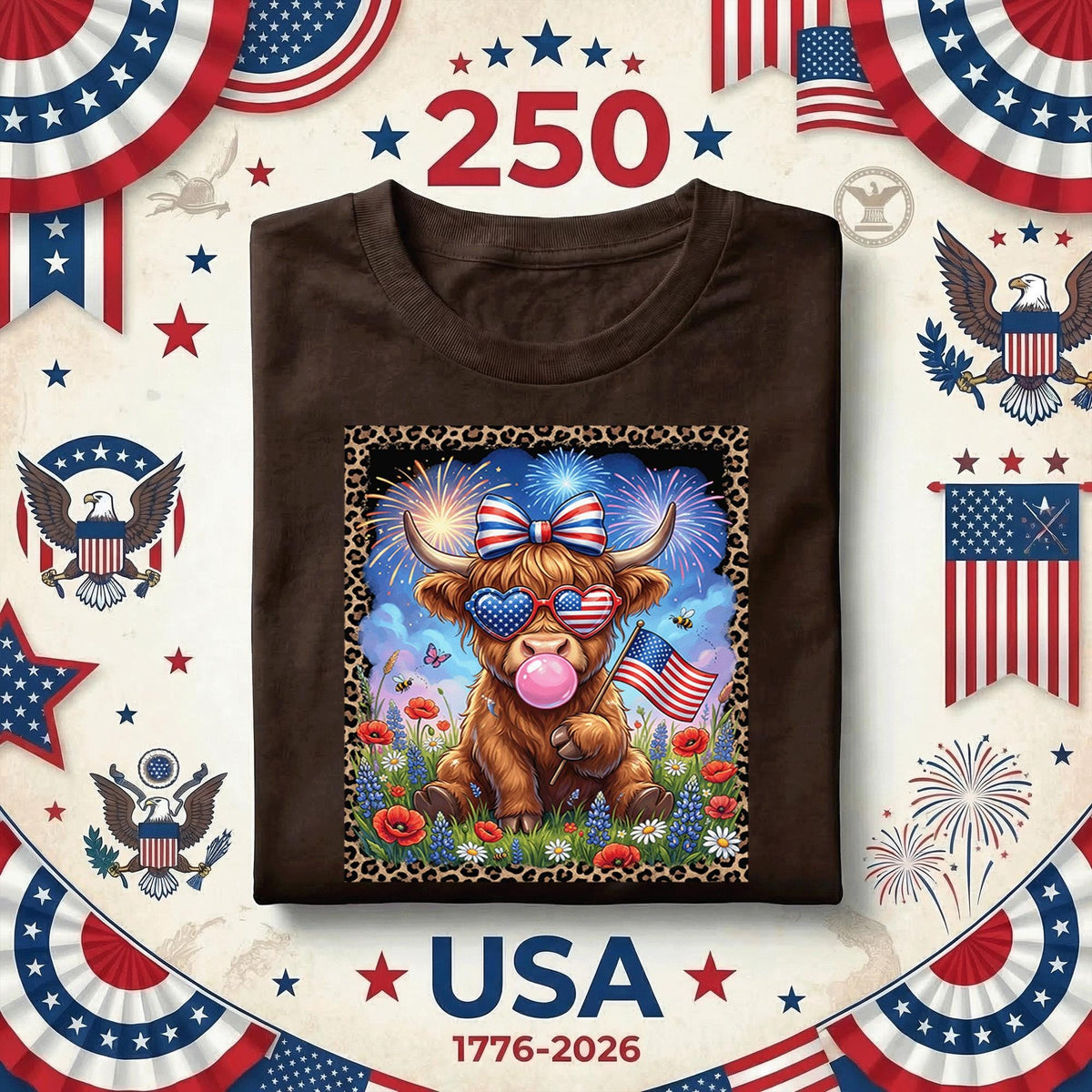 Patriotic Highland Cow Shirt Cute USA Cow Tee American Flag Sunglasses Red White Blue July 4th Independence Day Gift Women Fourth of July