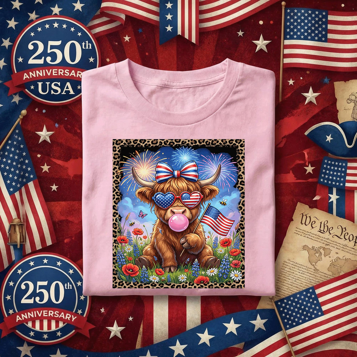 Patriotic Highland Cow Shirt Cute USA Cow Tee American Flag Sunglasses Red White Blue July 4th Independence Day Gift Women Fourth of July