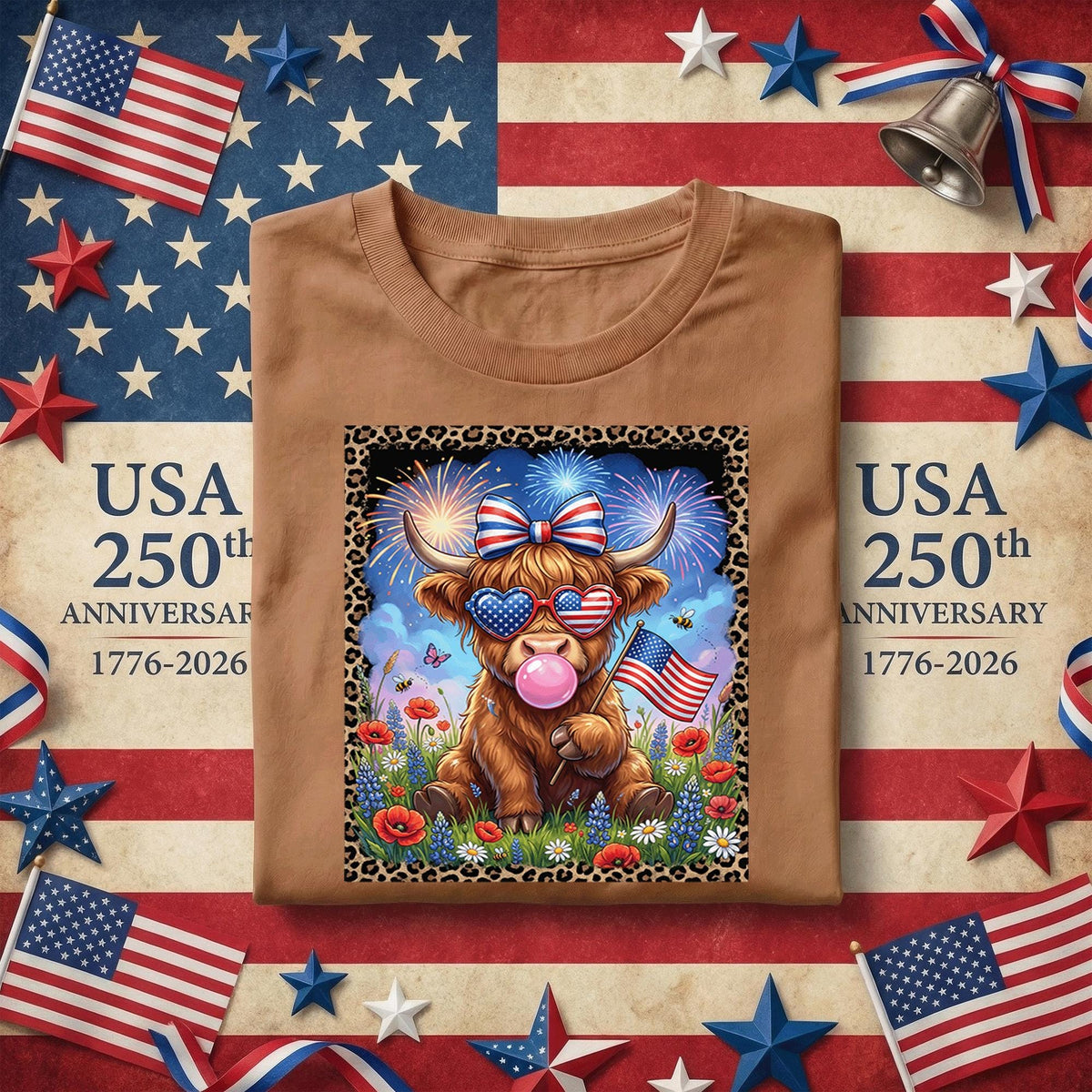 Patriotic Highland Cow Shirt Cute USA Cow Tee American Flag Sunglasses Red White Blue July 4th Independence Day Gift Women Fourth of July