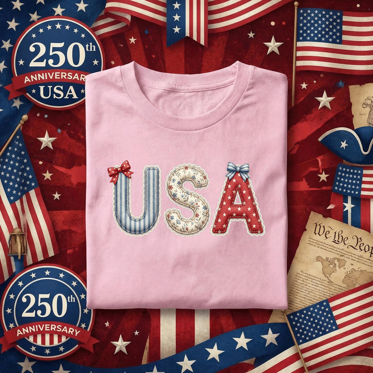 USA Patchwork Style Shirt Vintage Patriotic Bow Tee Cottagecore America Shirt Red White Blue 4th of July Outfit Gift Idea Fourth of July