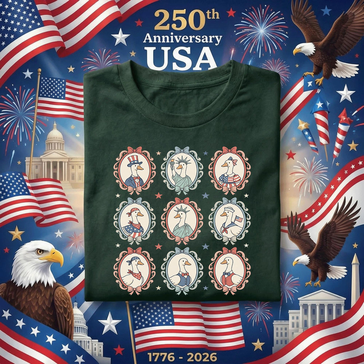Patriotic Goose Shirt Vintage Americana Birds Tee Cute USA Animal Graphic Shirt 4th of July Outfit Retro Liberty Style Gift Fourth of July