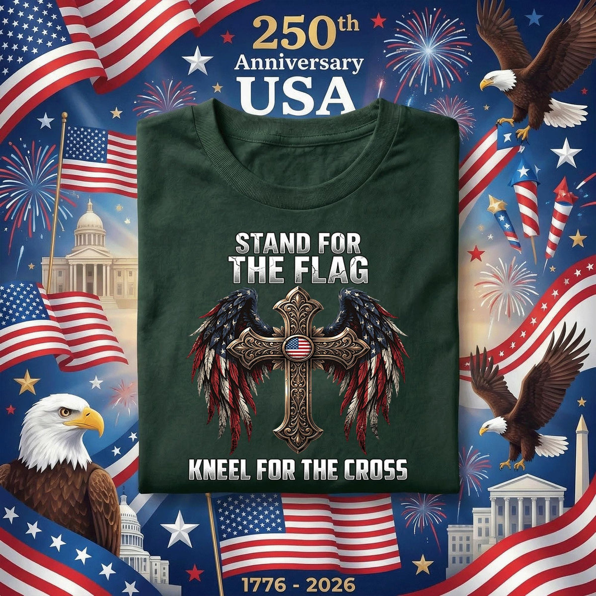 Stand for the Flag Kneel for the Cross Shirt Patriotic Christian USA Tee American Faith Shirt Religious 4th of July Freedom Gift Fourth of