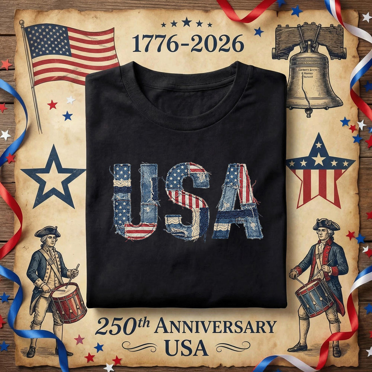 USA Patchwork Shirt Vintage American Flag Denim Style Tee Patriotic USA Shirt Fourth of July Shirt Distressed America...