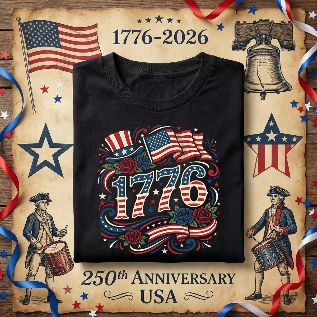 1776 Patriotic Shirt Vintage America Flag Hat Roses Tee Independence Day Shirt Fourth of July Retro USA 1776 Americana Shirt 4th of July