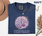 Alzheimer’s Awareness Comfort Colors Shirt, I Will Remember For You Tee, Purple Ribbon Brain Floral, Dementia Support Gift