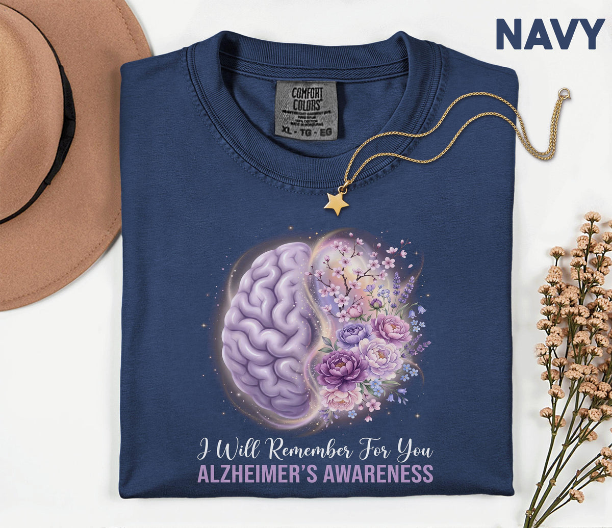 Alzheimer’s Awareness Comfort Colors Shirt, I Will Remember For You Tee, Purple Ribbon Brain Floral, Dementia Support Gift