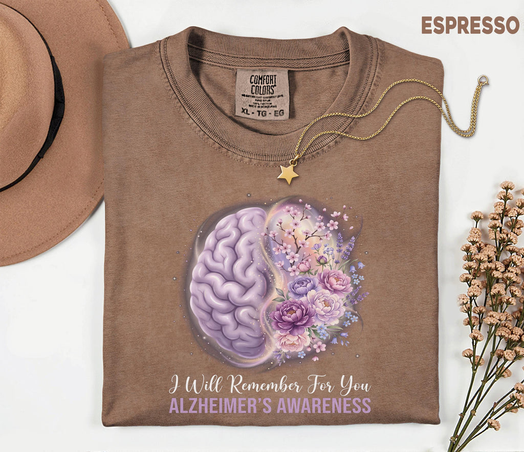 Alzheimer’s Awareness Comfort Colors Shirt, I Will Remember For You Tee, Purple Ribbon Brain Floral, Dementia Support Gift