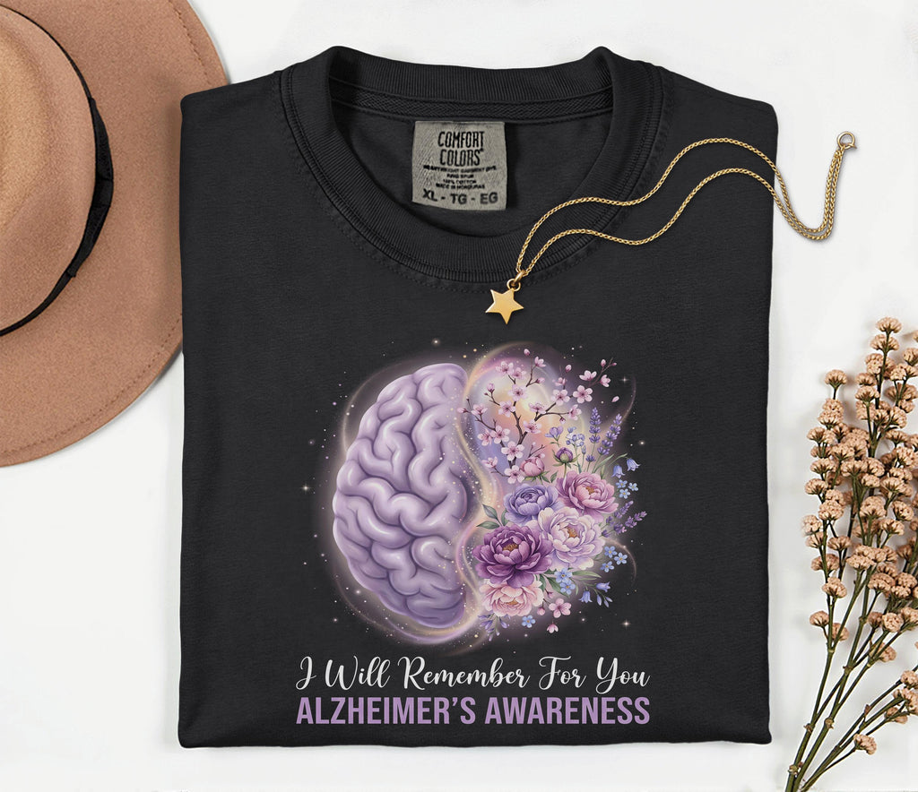 Alzheimer’s Awareness Comfort Colors Shirt, I Will Remember For You Tee, Purple Ribbon Brain Floral, Dementia Support Gift