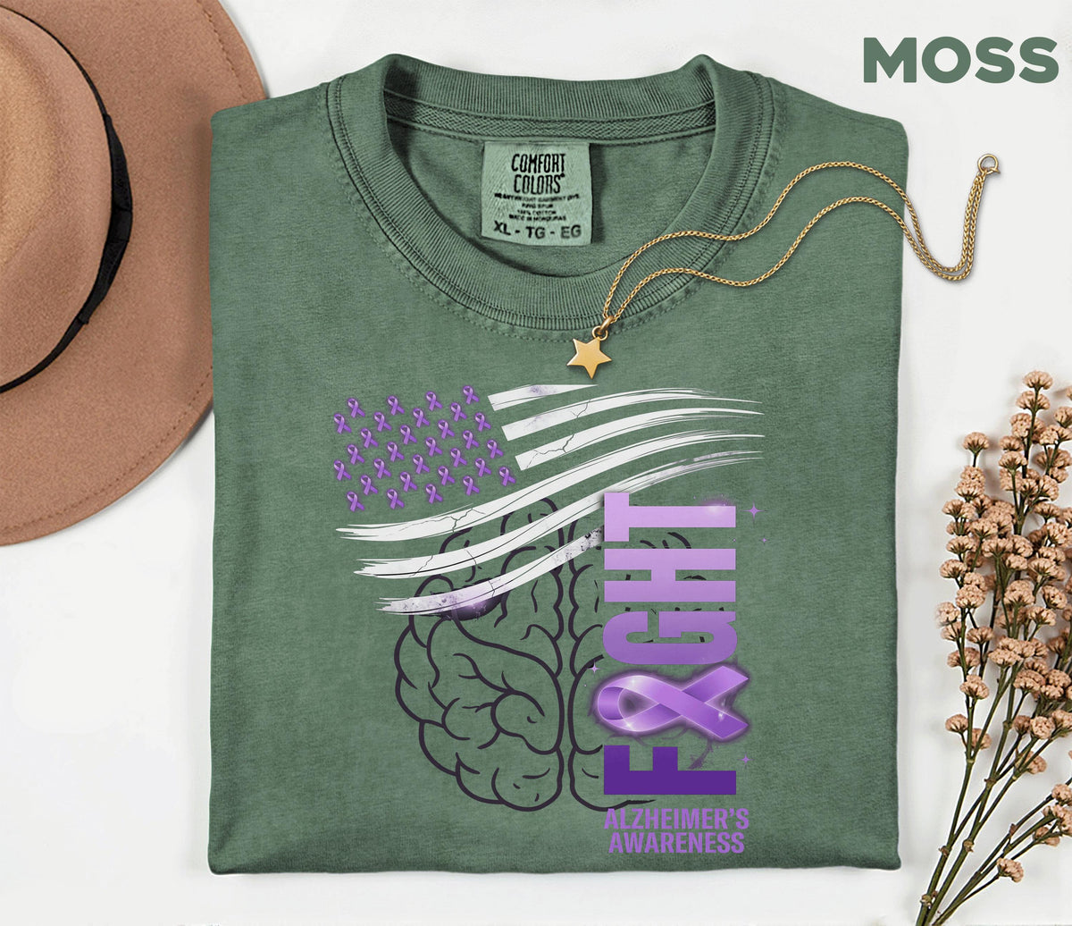Alzheimer’s Awareness Comfort Colors Shirt, Fight Alzheimer’s Flag Tee, Purple Ribbon American Flag, Dementia Support Gift