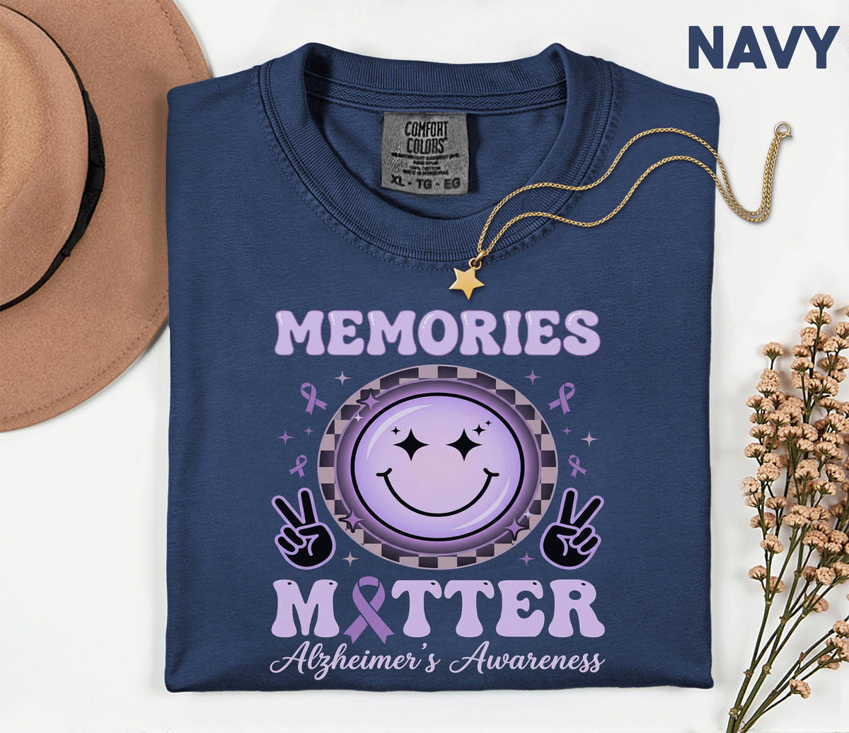 Memories Matter Alzheimer’s Awareness Comfort Colors Shirt, Purple Ribbon Smile Face Tee, Dementia Support Gift for Caregivers