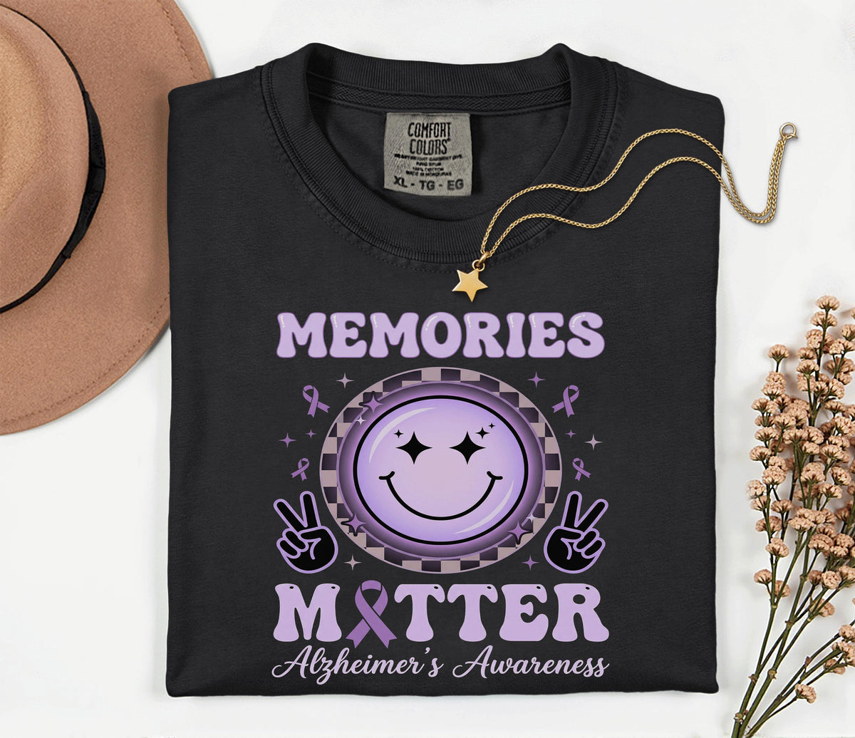 Memories Matter Alzheimer’s Awareness Comfort Colors Shirt, Purple Ribbon Smile Face Tee