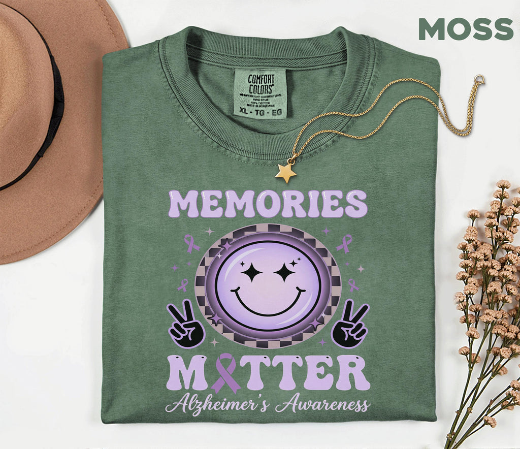 Memories Matter Alzheimer’s Awareness Comfort Colors Shirt, Purple Ribbon Smile Face Tee, Dementia Support Gift for Caregivers