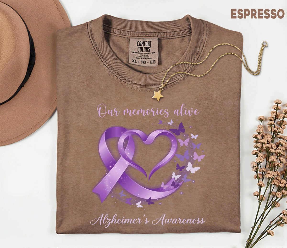 Alzheimer’s Awareness Comfort Colors Shirt, Purple Ribbon Heart Butterfly Tee, Our Memories Live On, Dementia Support Gift