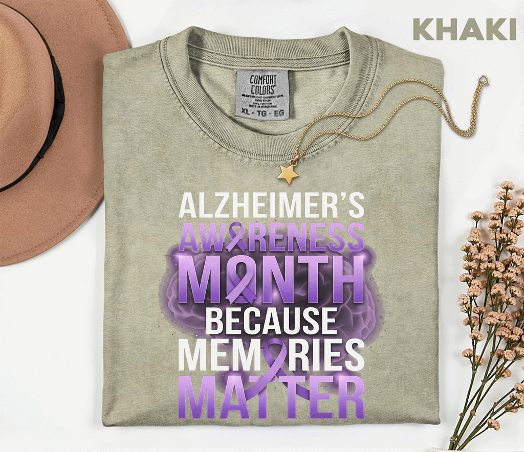 Alzheimer’s Awareness Month Comfort Colors Shirt, Memories Matter Purple Ribbon Tee, Dementia Support Gift, Brain Health Advocacy