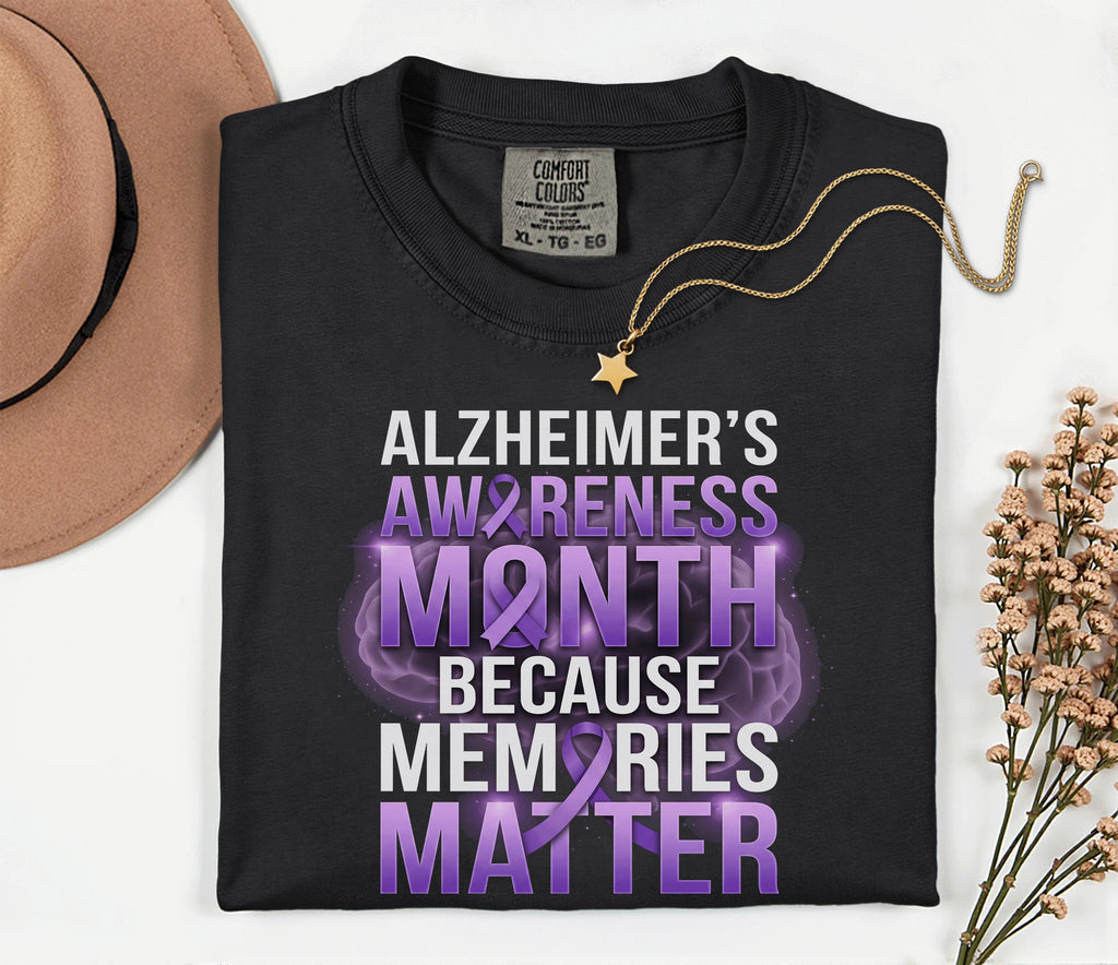 Alzheimer’s Awareness Month Comfort Colors Shirt, Memories Matter Purple Ribbon Tee, Dementia Support Gift, Brain Health Advocacy