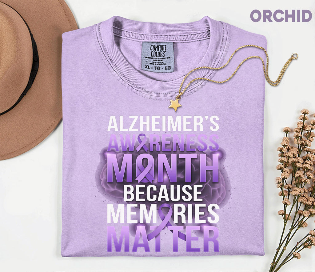Alzheimer’s Awareness Month Comfort Colors Shirt, Memories Matter Purple Ribbon Tee, Dementia Support Gift, Brain Health Advocacy