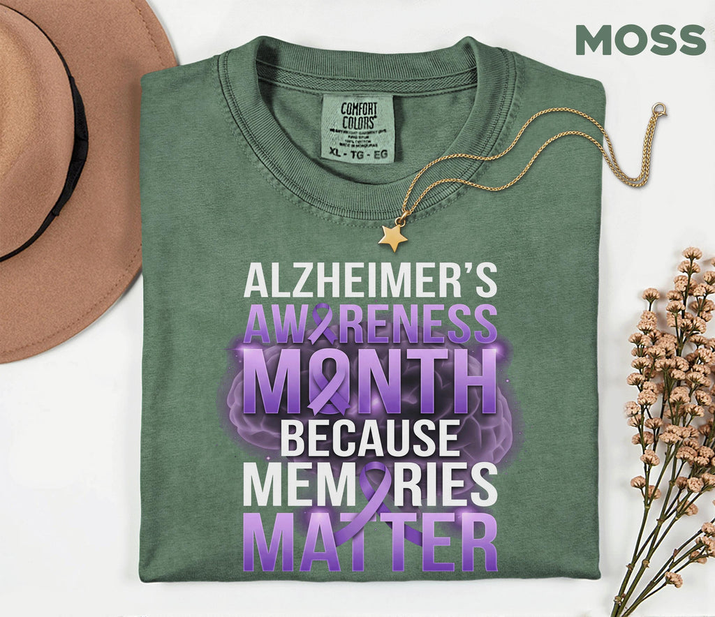 Alzheimer’s Awareness Month Comfort Colors Shirt, Memories Matter Purple Ribbon Tee, Dementia Support Gift, Brain Health Advocacy
