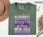 Alzheimer’s Awareness Month Comfort Colors Shirt, Memories Matter Purple Ribbon Tee, Dementia Support Gift, Brain Health Advocacy