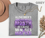 Alzheimer’s Awareness Month Comfort Colors Shirt, Memories Matter Purple Ribbon Tee, Dementia Support Gift, Brain Health Advocacy