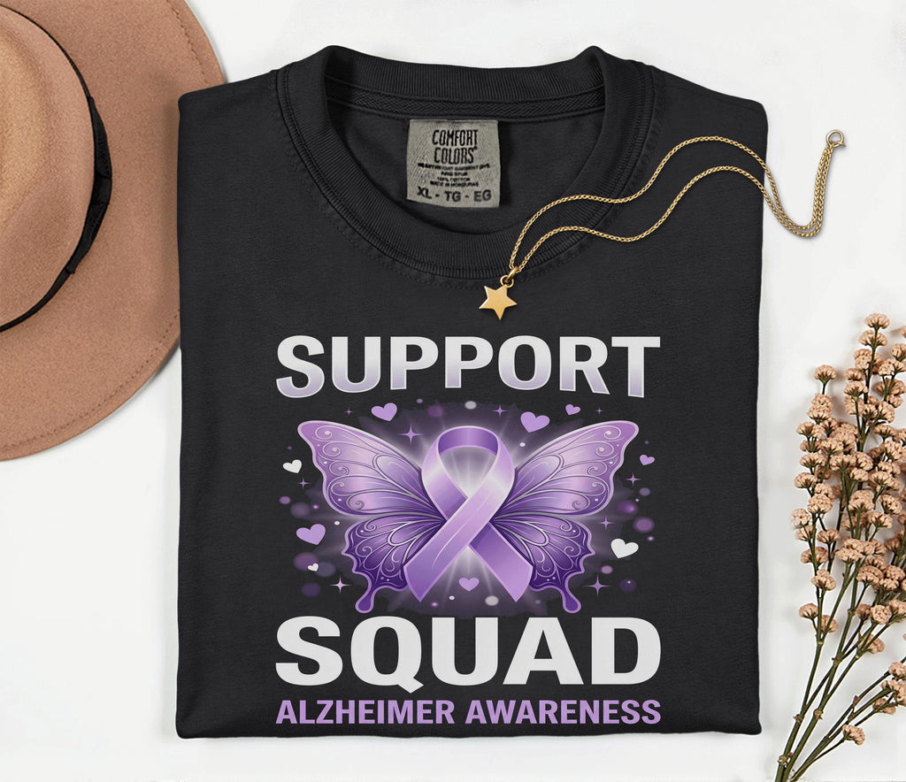 Alzheimer’s Awareness Support Squad Comfort Colors Shirt, Matching Purple Ribbon Butterfly Tee, Group Dementia Caregiver Support Gift