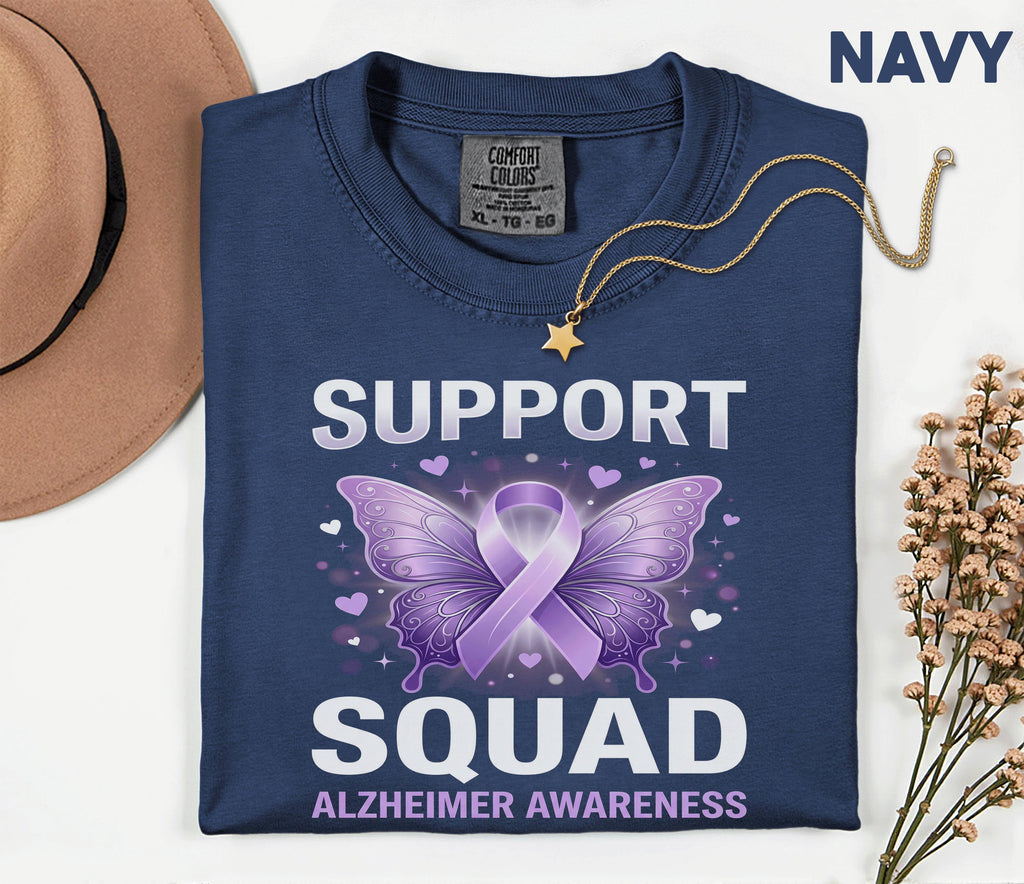 Alzheimer’s Awareness Support Squad Comfort Colors Shirt, Matching Purple Ribbon Butterfly Tee, Group Dementia Caregiver Support Gift