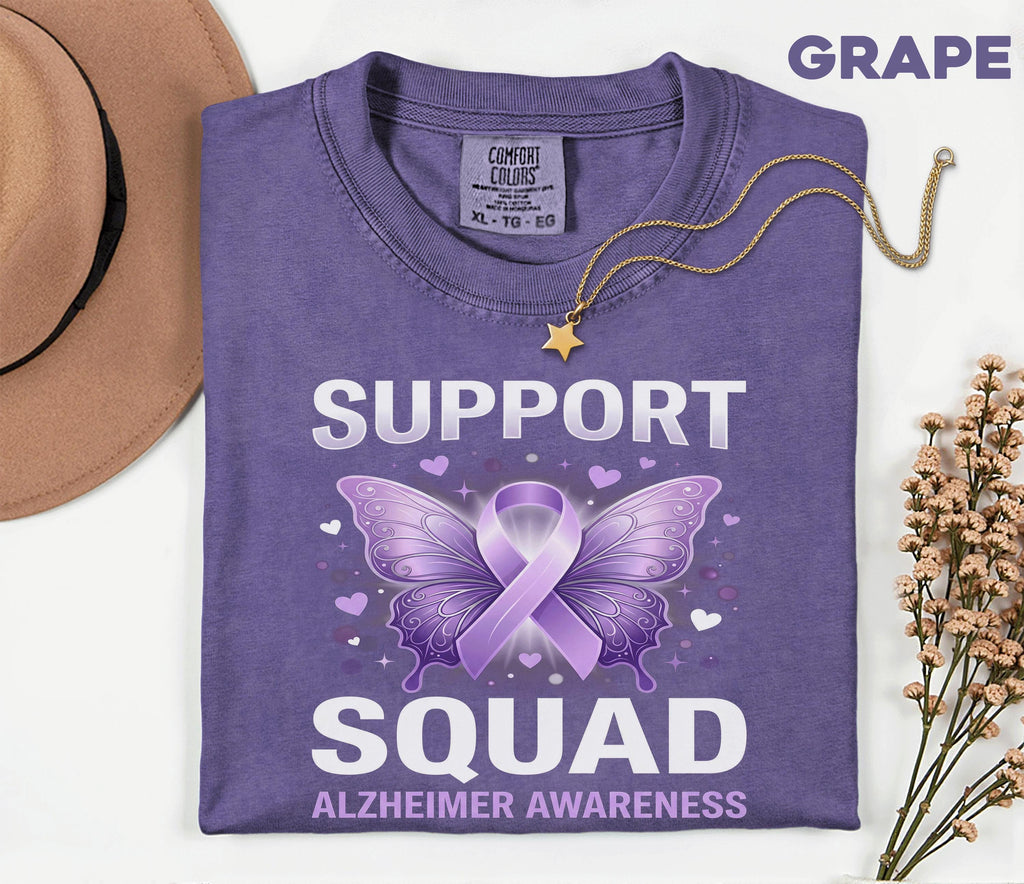 Alzheimer’s Awareness Support Squad Comfort Colors Shirt, Matching Purple Ribbon Butterfly Tee