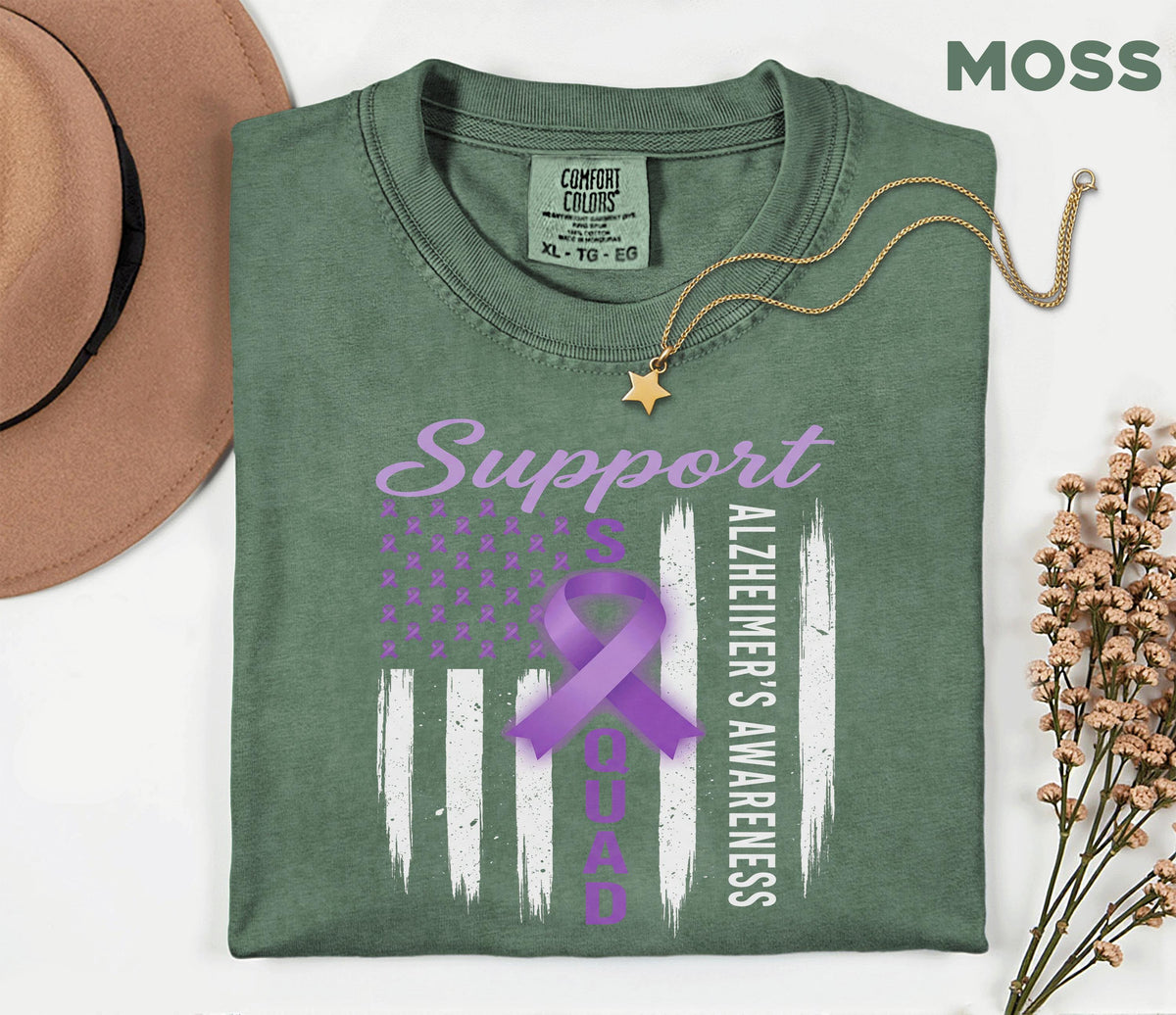Support Squad Alzheimer’s Awareness Comfort Colors Shirt, Purple Ribbon American Flag Tee, Dementia Support Gift for Caregivers