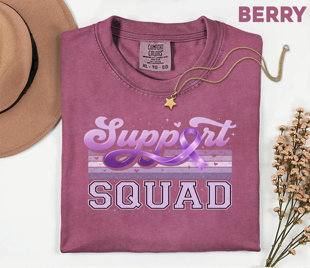 Support Squad Alzheimer’s Awareness Comfort Colors Shirt, Team Purple Ribbon Retro Style Tee, Matching Dementia Caregiver Support Gift