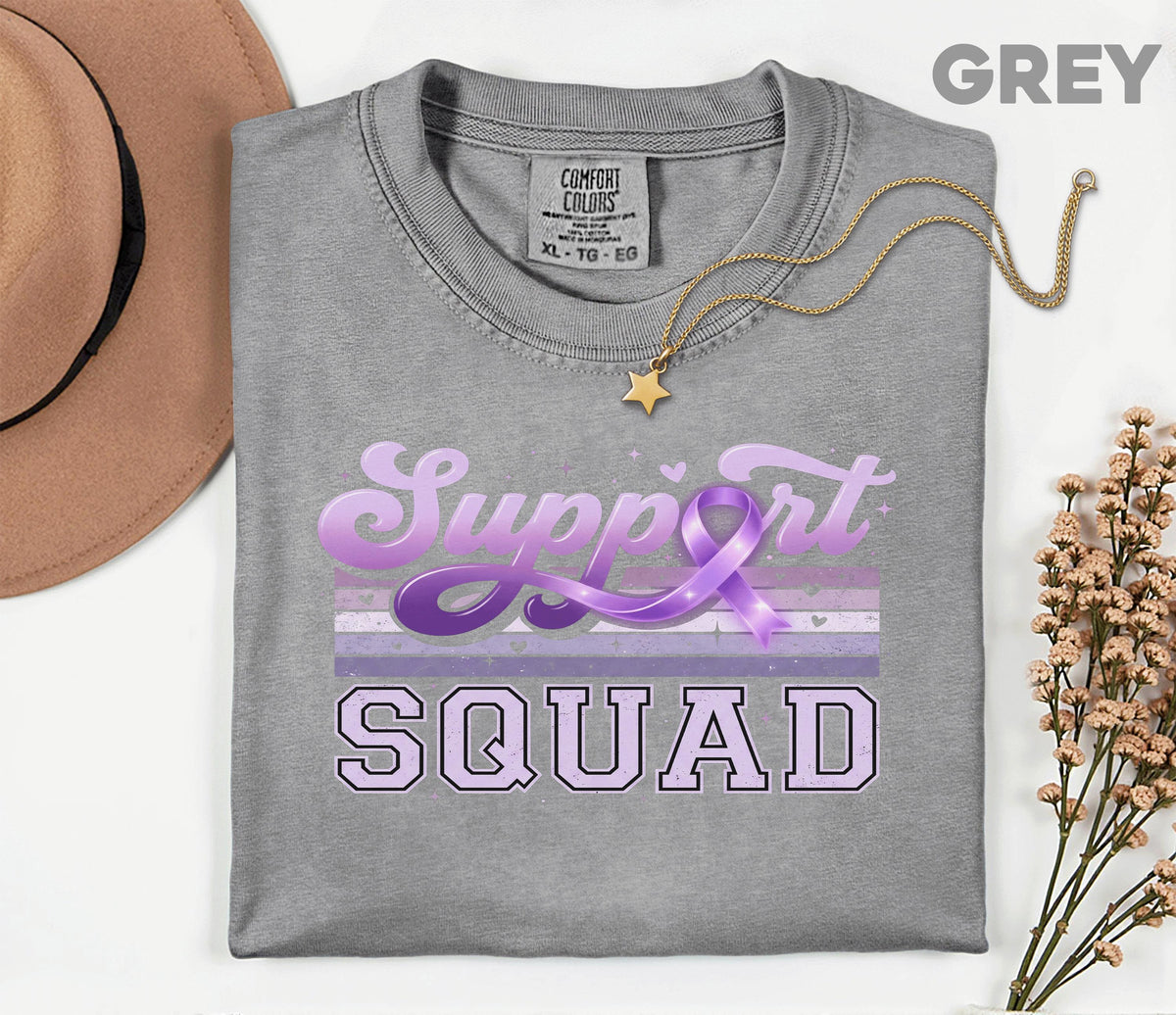 Support Squad Alzheimer’s Awareness Comfort Colors Shirt, Team Purple Ribbon Retro Style Tee, Matching Dementia Caregiver Support Gift