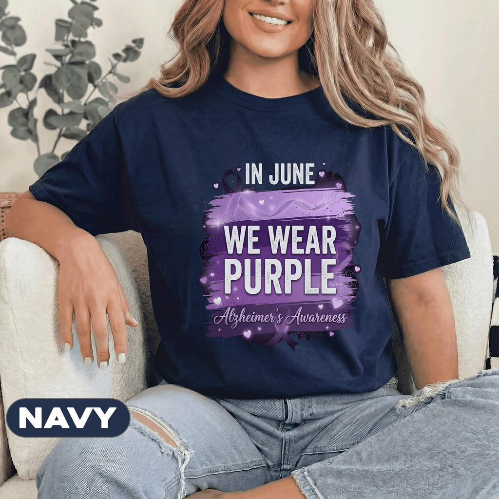 In June We Wear Purple Shirt, Alzheimer's Awareness T-Shirt, Purple Ribbon Support Tee, Alzheimer Support Gift, Caregiver Shirt
