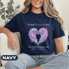 Alzheimer’s Awareness Shirt, The Heart Will Always Hold What The Mind No Longer Can Tee, Purple Angel Wings Memory Support Gift
