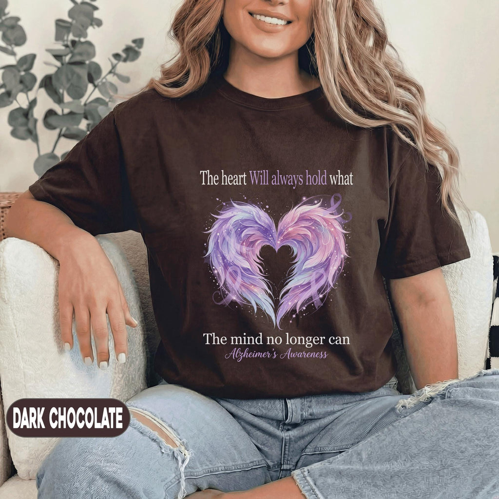 Alzheimer’s Awareness Shirt, The Heart Will Always Hold What The Mind No Longer Can Tee, Purple Angel Wings Memory Support Gift