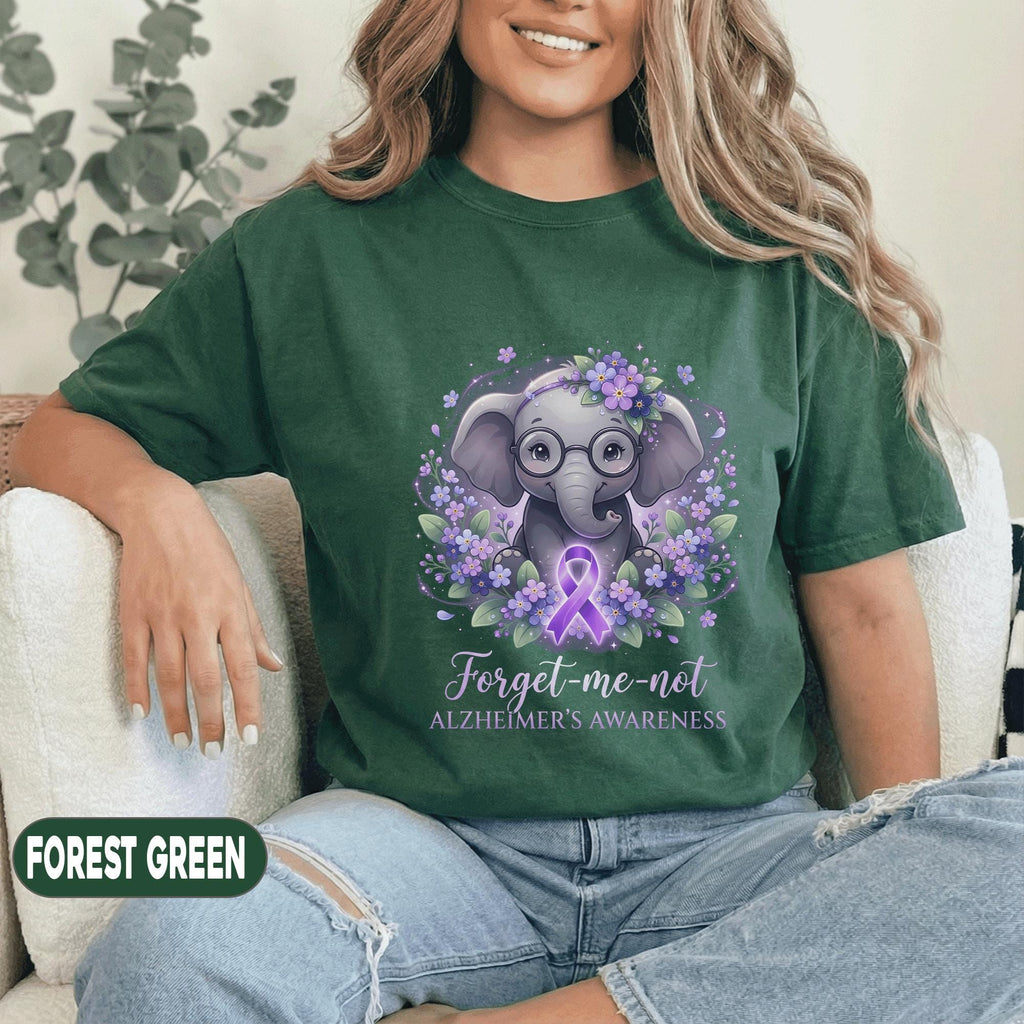 Forget Me Not Alzheimer’s Awareness Shirt, Cute Purple Elephant with Glasses Tee, Dementia Support Gift, Memory Loss Awareness Top