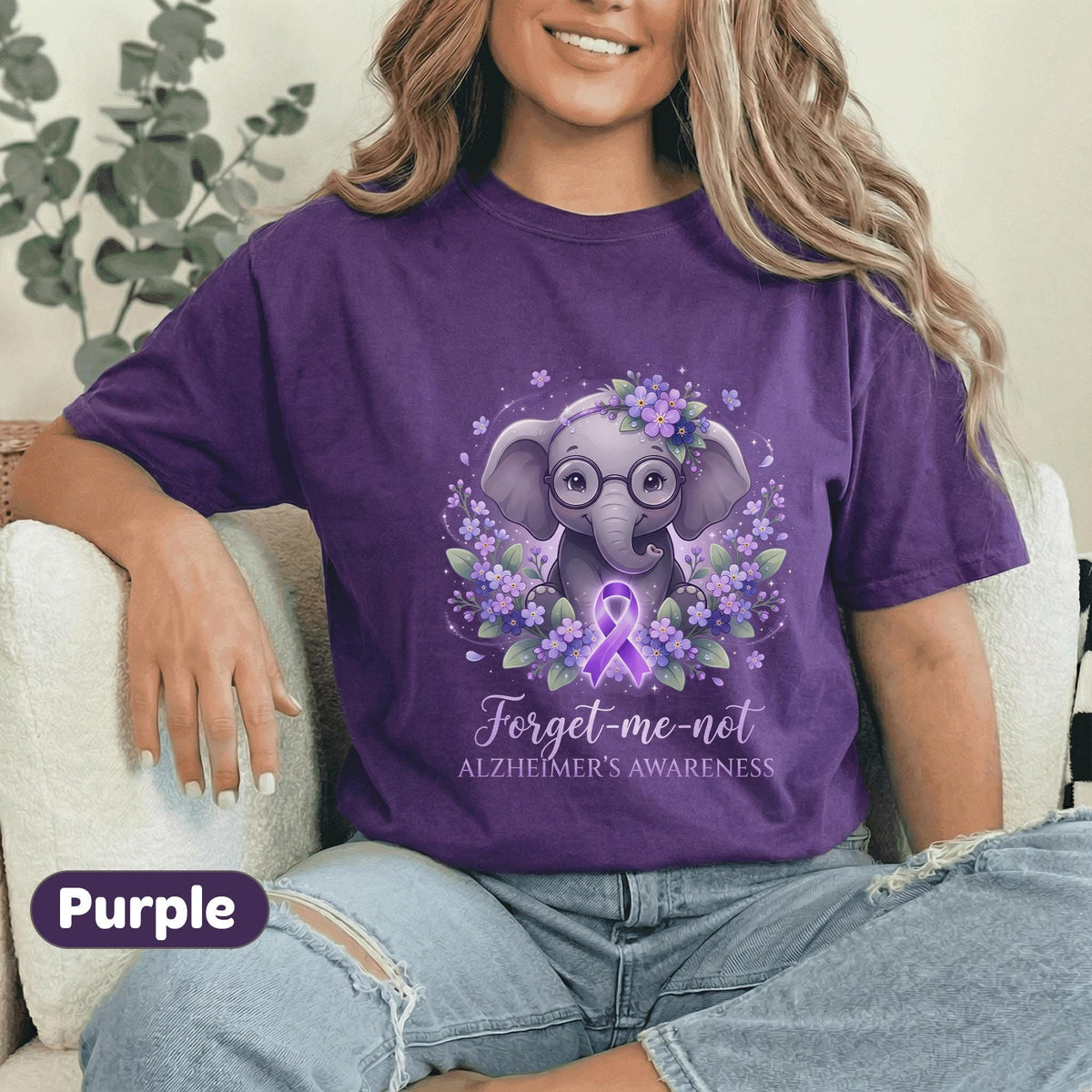 Forget Me Not Alzheimer’s Awareness Shirt, Cute Purple Elephant with Glasses Tee, Dementia Support Gift, Memory Loss Awareness Top
