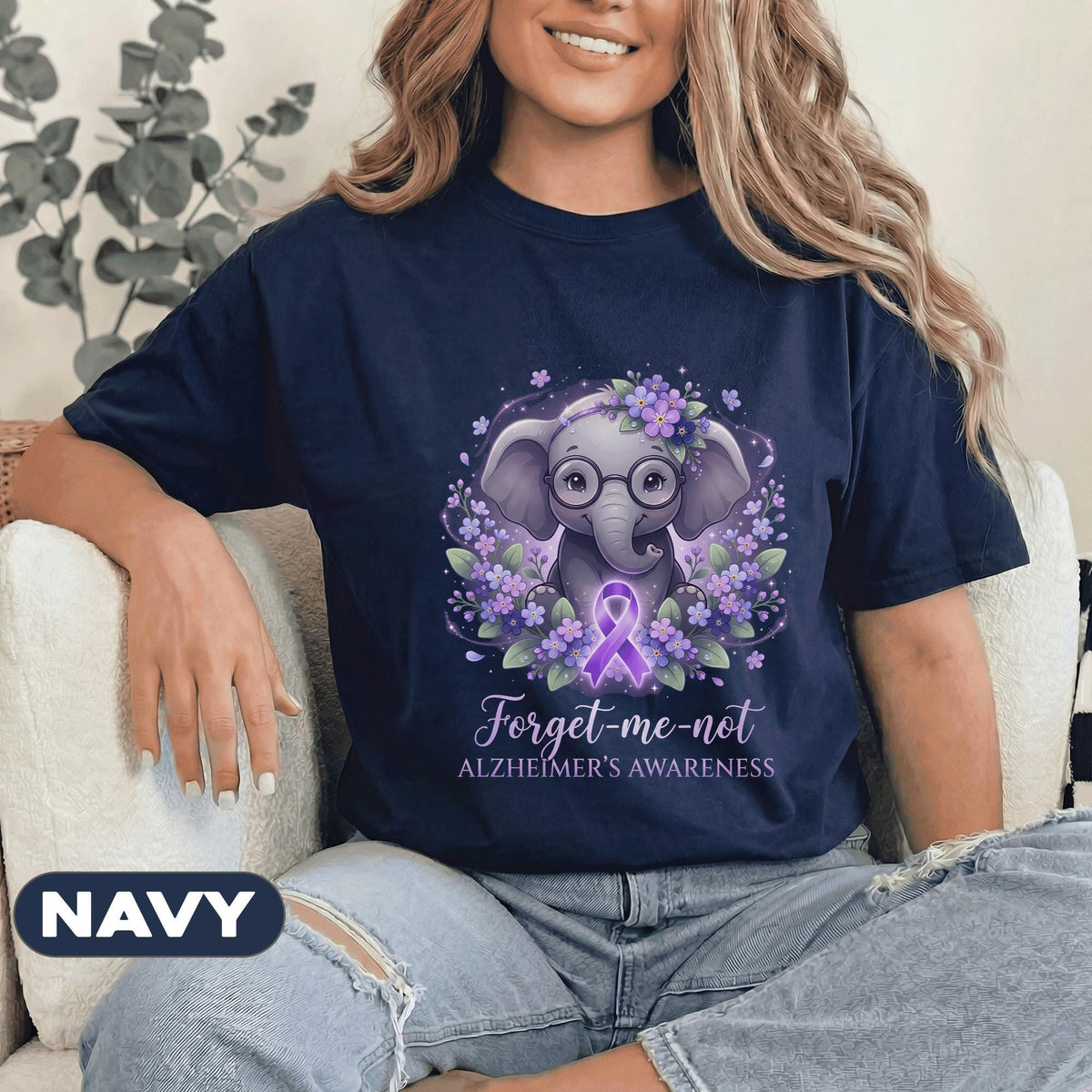 Forget Me Not Alzheimer’s Awareness Shirt, Cute Purple Elephant with Glasses Tee, Dementia Support Gift, Memory Loss Awareness Top